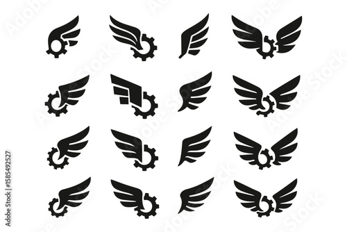 Collection of gear and wing icons in silhouette style featuring industrial and aviation themes