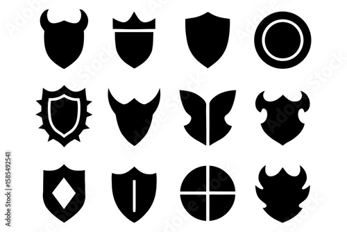 Collection of silhouette shields and crests with diverse designs and shapes