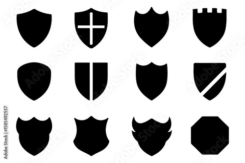 Minimalist black shield icons set: simple security symbols for design