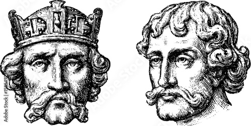 Byzantine mosaic inspired engraved illustrations of regal figures for decorative art and design