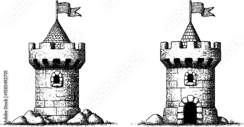 Vintage engraved illustration of castles and towers for print design