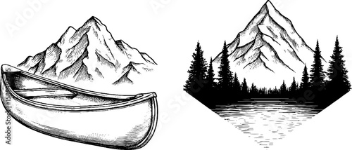 Engraved illustrations of canoeing and lakeside mountain scenes for design projects