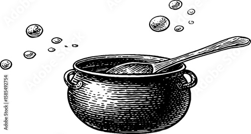 Vintage engraved cauldron and spoon with bubbles for kitchen decoration or recipe book design