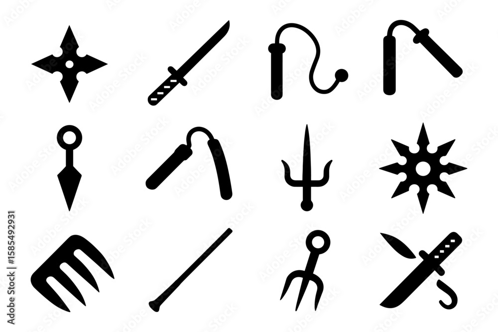 Obraz premium Silhouette set of iconic martial arts weapons and throwing stars