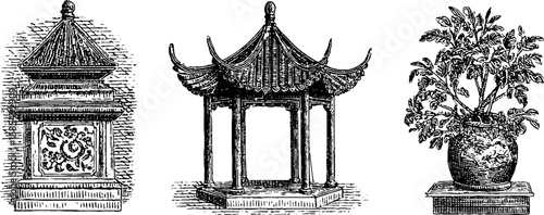 Engraved chinoiserie pagoda and decorative elements for elegant design