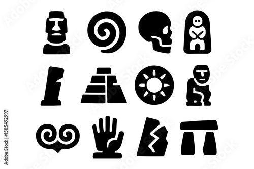 Ancient symbols and monuments icons: stone heads, spirals, and pyramids in black silhouette