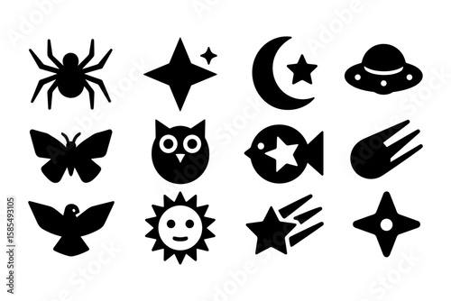 Silhouette icons of nature and space: animals, stars, and celestial bodies