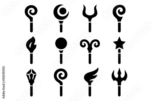 Set of black silhouette magic staffs with unique designs and fantasy elements