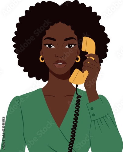 African American woman with afro hairstyle wearing green blouse talking on retro phone vector illustration