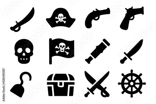 Pirate icons set: silhouette symbols of adventure and nautical themes