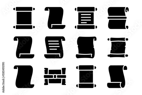 Silhouette of ancient scrolls collection: classic paper icon set with various designs