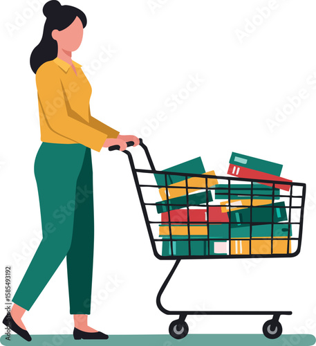Woman pushing shopping cart full of colorful books in casual clothes walking vector illustration