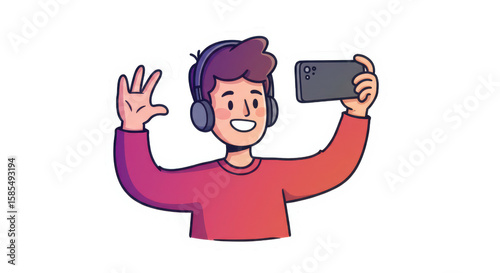Cartoon Person Taking Selfie with Phone and Headphones