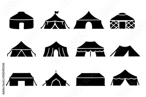 Silhouette collection of various tent designs for outdoor and camping inspiration
