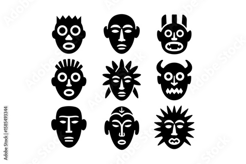 Tribal mask silhouette collection featuring stylized faces and abstract designs