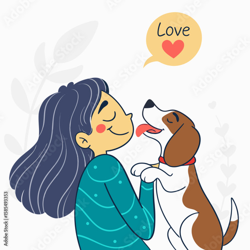 Heartwarming Woman and Dog Vector Illustration – Emotional Pet Bond, Beagle with Red Collar, Love Speech Bubble, Tender Moment with Girl and Dog on Light Background, Pet Lover Artwork

