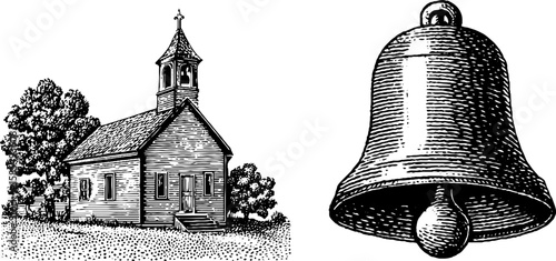 Vintage engraving of country church and bell for historical design projects