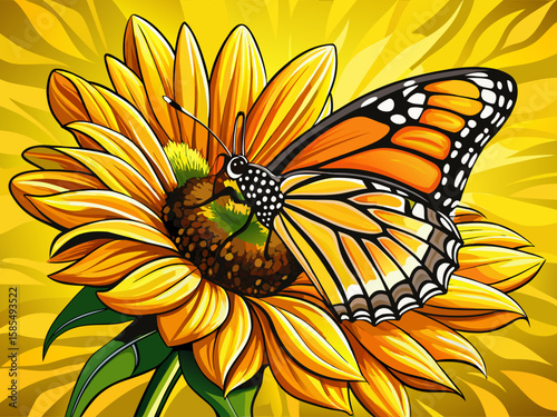 vector of Detailed image of a beautiful butterfly on a bright yellow sunflower.