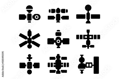 Silhouette designs of various space stations and satellites in grid layout
