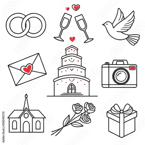 Wedding Line Icons Collection – Minimalist Outline Vector Set with Rings, Dove, Cake, Champagne Glasses, Church, Gift Box, Camera, Envelope, and Bouquet with Heart Accents on White Background

