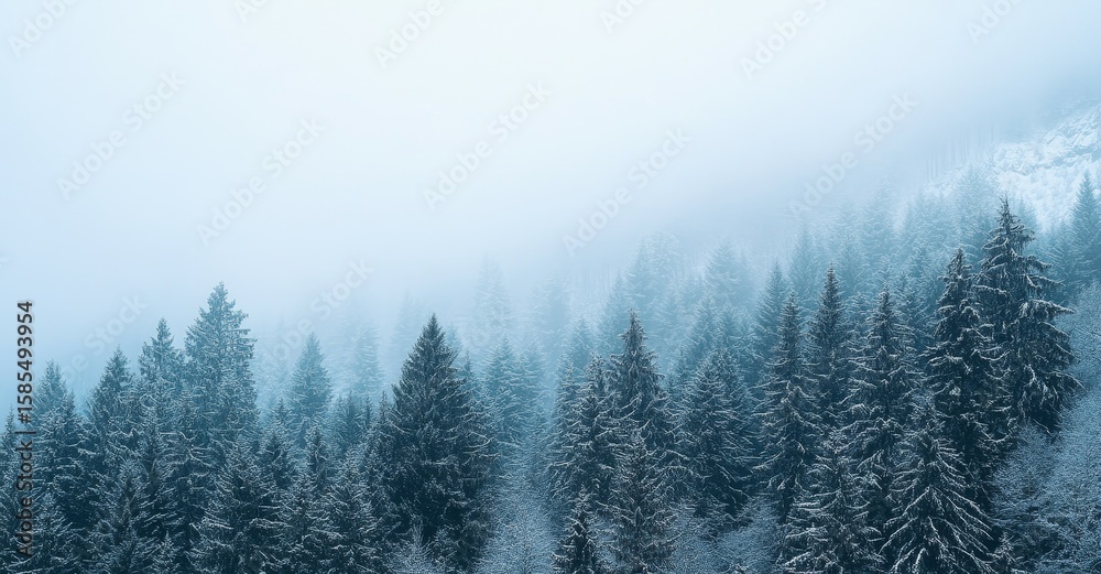 Obraz premium The forest on the green mountain is shrouded in fog, with evergreen spruce and pine trees covering the slopes