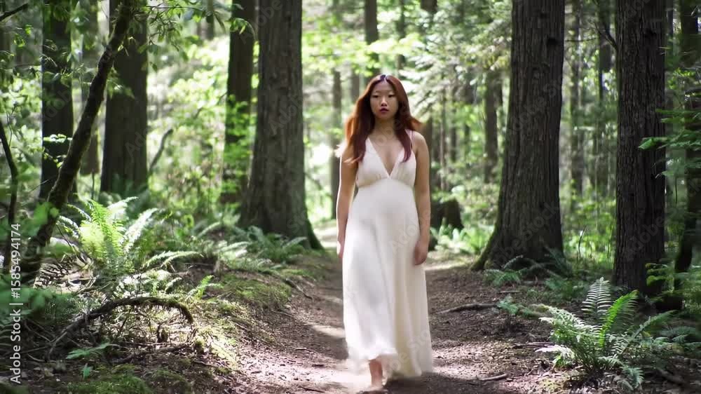 Woman in white dress walking forest path Woman in white dress walking forest path