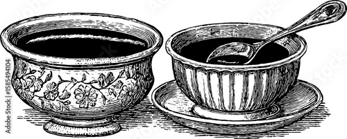 Vintage dessert illustration featuring creme brulee and caramel dishes for culinary art