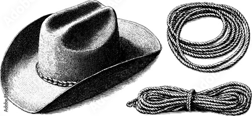 Vintage cowboy elements including hat and lasso for western design