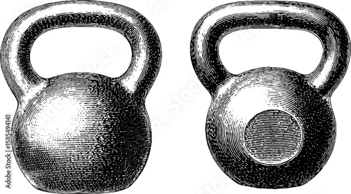 Vintage engraved kettlebell illustration for fitness and crossfit design