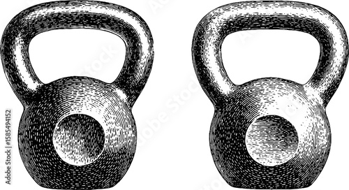 Engraved illustration of crossfit kettlebells for fitness design and prints