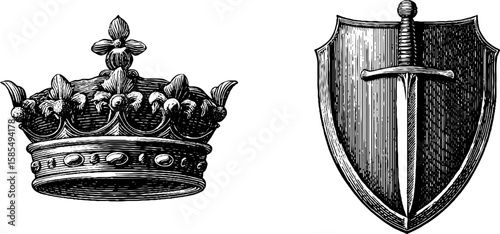 Engraved vintage crown and sword with shield set for historical design or heraldry
