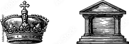 Vintage royal symbols featuring crown and throne for historical design