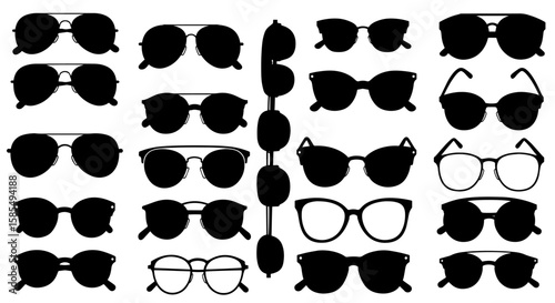 Seamless pattern featuring various black silhouettes of trendy sunglasses and classic eyeglasses against a white background, perfect for fashion and optical themes.