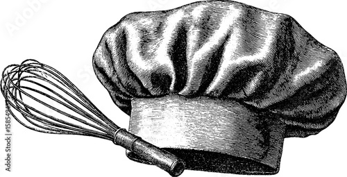 Vintage culinary art: engraved chef hat and whisk for kitchen decor and design