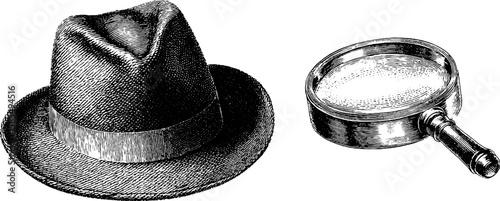 Vintage detective illustration with hat and magnifying glass for mystery-themed design