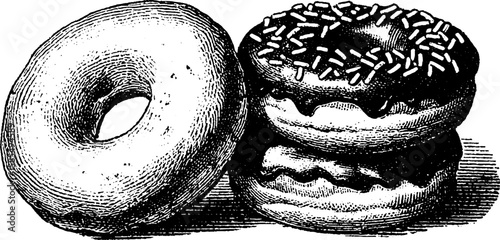Engraved donut illustration set featuring pile and sprinkled topping for bakery design