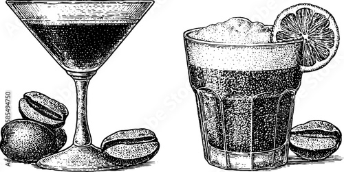 Elegant illustration of espresso martini and coffee cocktails for artistic designs