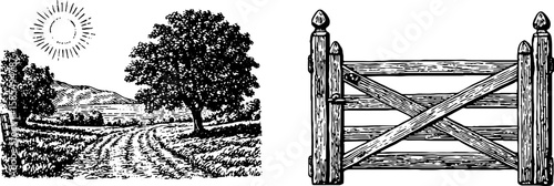 Vintage farm scenery with rustic gate and sunrise for country-themed design projects