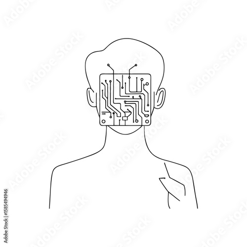 Asian male quantum computing programmer with circuit board face symbolizing AI and futuristic coding in black abstract line style on transparent background for tech or AI interface projects.