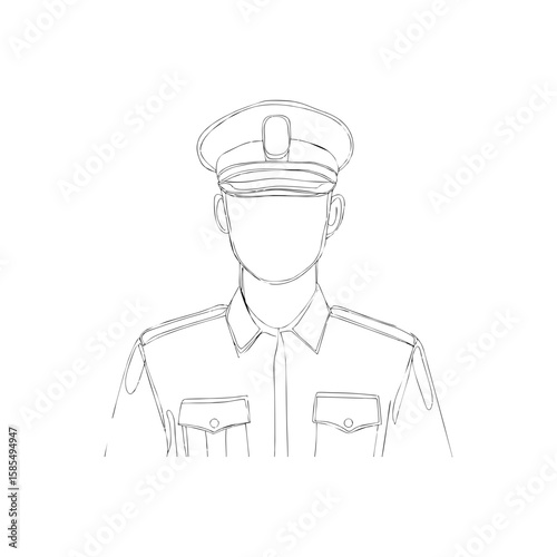 Front view of male police officer of Hispanic descent in uniform and cap, outlined in black minimalist one-line doodle style on transparent background for law enforcement design, security app