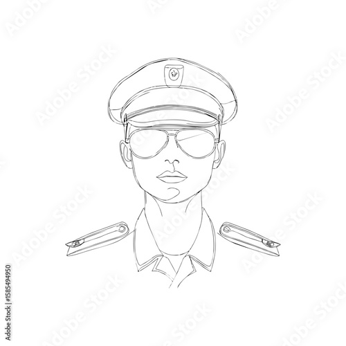 Female airline pilot in sunglasses and uniform, front view one-line black vector doodle on transparent background for aviation blog, pilot academy branding, or career illustrations.