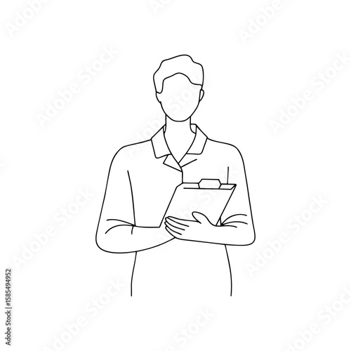 Front view of male psychologist holding clipboard in black minimalist line style on transparent background for mental health blogs, therapy apps, or clinic branding.