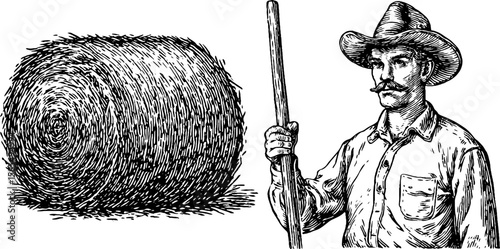 Rural farming concept with engraved farmer and pitchfork for agricultural design