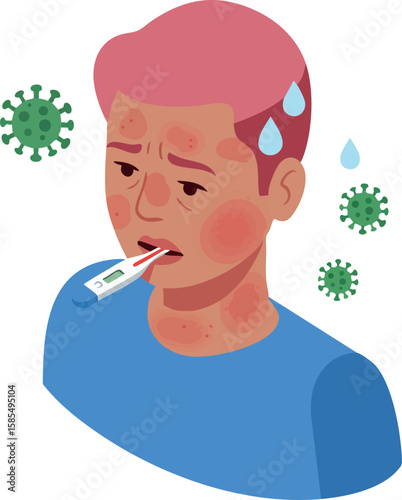 Sick man with fever and virus infection symptoms holding thermometer in mouth vector illustration