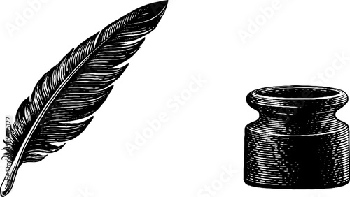 Vintage engraved feather and inkwell design for writing stationery and decor