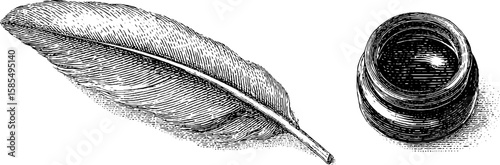 Vintage feather and inkwell engraving for classic design and historical themes
