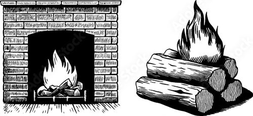Vintage engraved illustration set featuring a fireplace and burning log for cozy interior design