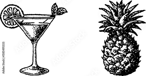 Engraved art of french martini and pineapple for beverage design and decor