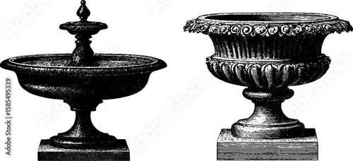 Vintage engraved fountain and water basin set for historical art and decor