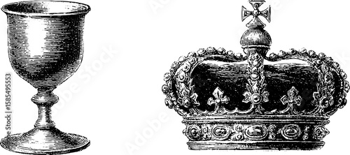 Antique goblet and regal crown engraving for vintage design